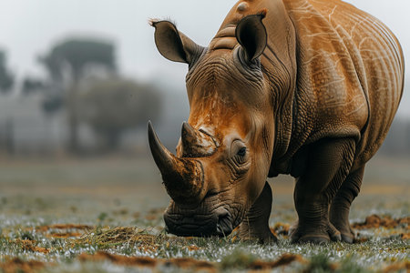 Closeup of an african rhino standing in the savannah with its head tilted to one side and eating grass. photographedの素材