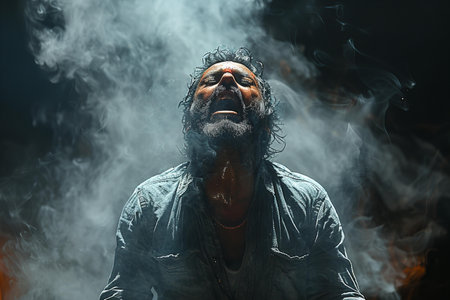 A man is screaming against smoke on a black backgroundの素材