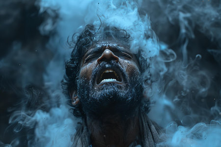 Digital image of  man is screaming against smoke on a black backgroundの素材