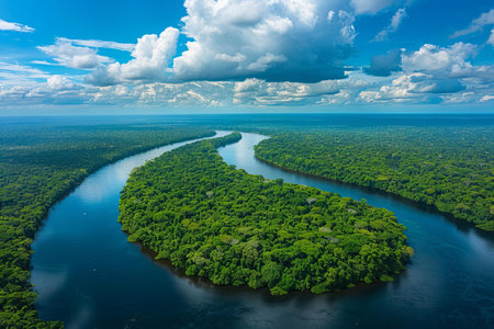 Digital image of panoramic photo of the amazon rainforest and river, taken from above, shot on a sony alpha a iii with a wide-angle lens, professional color grading, soft shadows, minimal contrast, clean sharp focus, magazine-style photography, blue sky, white clouds, green trees, river flowing throの素材