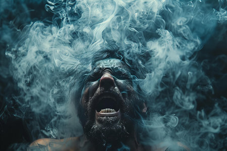 Featuring a  man is screaming against smoke on a black backgroundの素材