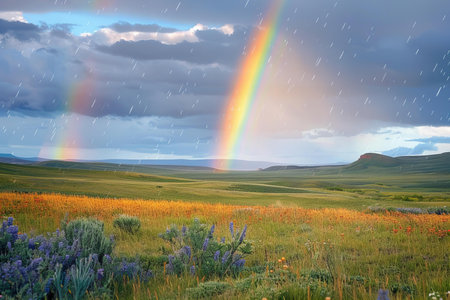 Panoramic photo of rainbow over grassy landscape, dramatic clouds, rain falling in the distance. the photo has a style reminiscent of ansel adams with its dramatic lighting and focus on the natural landscape.の素材