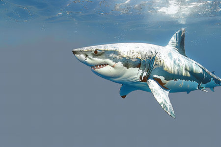 Great White Shark in deep blue water. This is a 3d render illustrationの素材