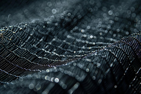 Digital image of  closeup of the texture and pattern on black mesh fabric, highlighting its gridlike structure with white netting against a dark background. the focus is sharp to capture every detail in high resolutionの素材