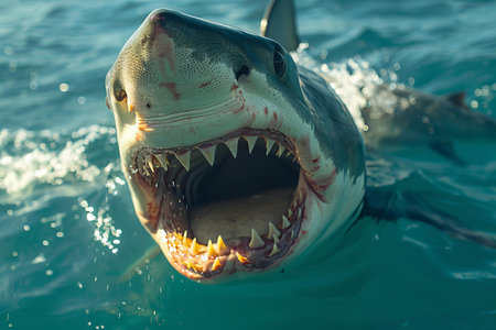 Digital artwork of  close-up shot of the shark's mouth, showcasing its powerful and sharp teeth against an ocean blue background. the camera is positioned at eye level with the shark's head to capture detailed shots of both sides of its open jaw.の素材