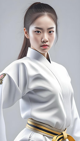 Gorgeous woman wearing sexy martial art uniform, high quality portrait, isolated on a backgroundの素材