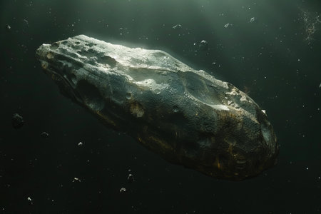 Digital artwork of  small, dark grey asteroid floating in black space, seen from the side, with a bumpy texture. the scene has a cinematic, hyper realistic style.の素材