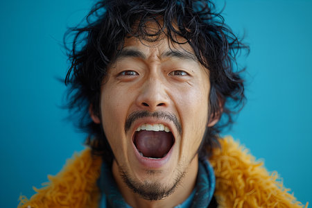 Digital image of asian man screaming on blue background, high quality, high resolutionの素材