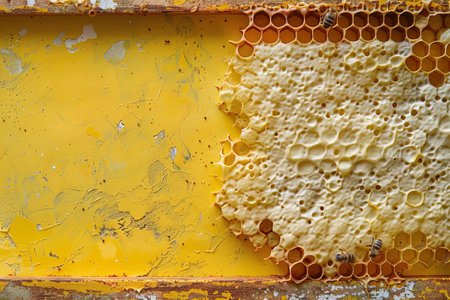Close up of empty beehive frame on yellow background, flat layの素材