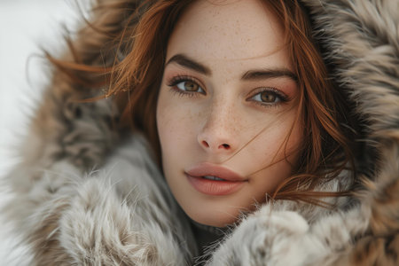 Digital image of portrait of beautiful chestnut hair adventurous woman wearing furry suitの素材