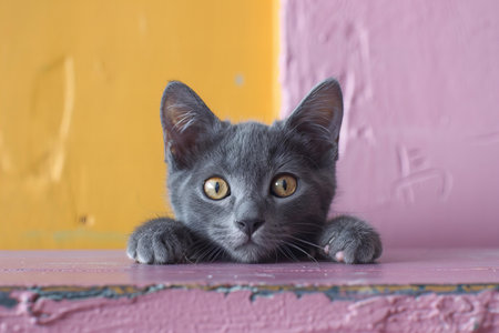 Illustration of  gray cat peeking over a table, high quality, high resolutionの素材