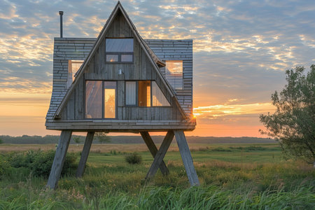 A framed house in the shape of an a on two legs, with windows and doors on one side of it, located between meadows, against the background of sunset. russian landscape photographyの素材