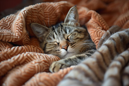 Digital image of  cat asleep in a blanket, high quality, high resolutionの素材