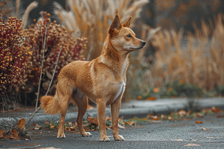 Dog standing on the street near the shrubs, high quality, high resolutionの素材
