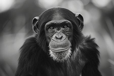 The black and white photo of a chimpanzee, high quality, high resolutionの素材