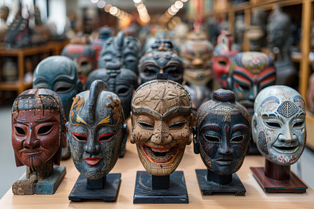 Illustration of  collection of traditional korean folk masks, displayed in an art gallery setting. the masks range from intricately carved and painted to simply constructed of wood, showcasing the diversity of styles used during village events or festival celebrations in south korea.の素材