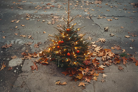 Abstract expressionist art style , a christmas tree is lit up near some leavesの素材