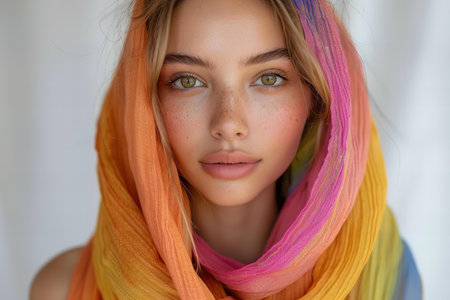 Young woman with rainbow colored scarf posing isolated behind white backgroundの素材