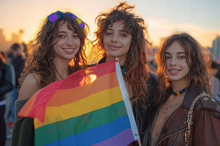 Women with curly hair holding a rainbow flag in the sunsetの素材
