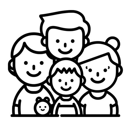 Family icon, simple line art style, black and white color scheme, flat design, illustration, white background, professional quality.のイラスト素材