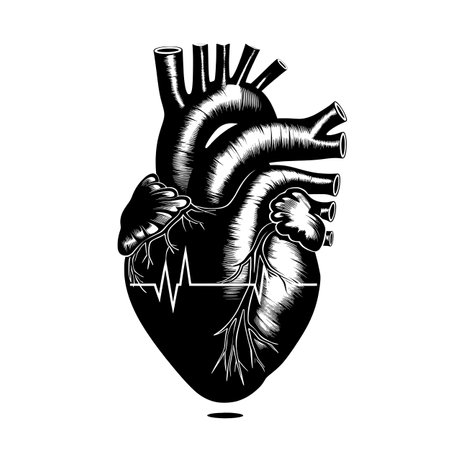 Simple line drawing of heart with an ecg line, icon symbol for health and wellness app.のイラスト素材