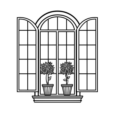 A simple, minimalistic icon of an open window with potted plants on the windowsill.のイラスト素材