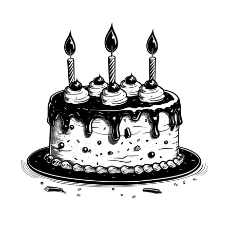 Showing Icon of birthday cake, simple black on white background, flat design, art style, minimalistic, simple shapes.のイラスト素材