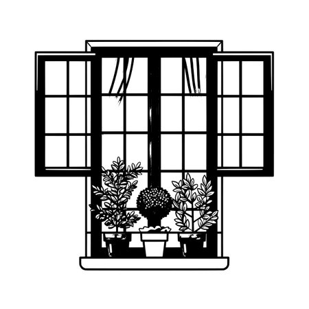 A simple, minimalistic icon of an open window with potted plants on the windowsill.のイラスト素材