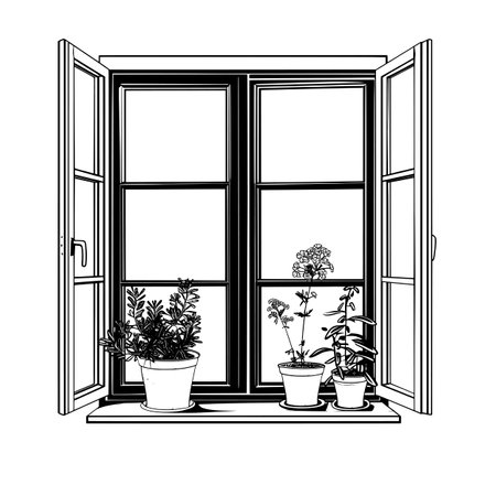 Featuring Simple black line icon of an open window with plants.のイラスト素材