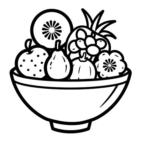 Elegant Simple line drawing of an icon depicting a bowl with fruit and vegetablesのイラスト素材