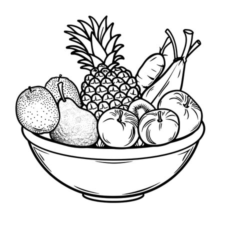 Simple line drawing of a bowl with fruit and vegetables inside.のイラスト素材