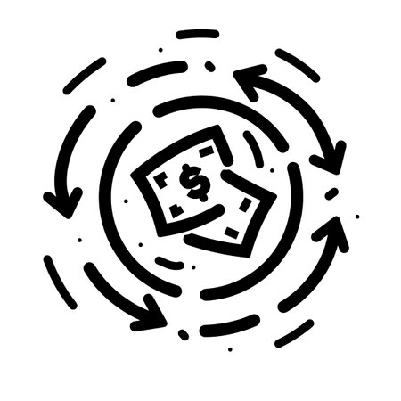 Depicting Simple line art icon of money and arrows in a circle, black on white background.のイラスト素材