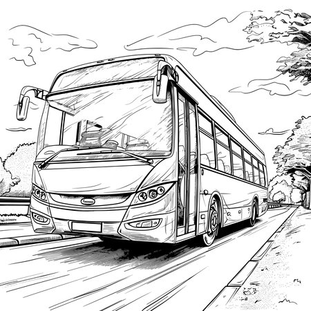 Graphic One line drawing of a bus on the road, simple illustration.のイラスト素材
