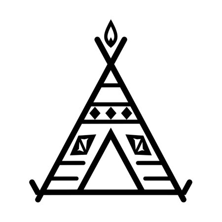 Simple, minimalistic icon of camping tent in black outline in white background.