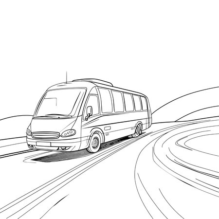 Showing One line drawing of a bus on a road, simple minimalist illustration.のイラスト素材