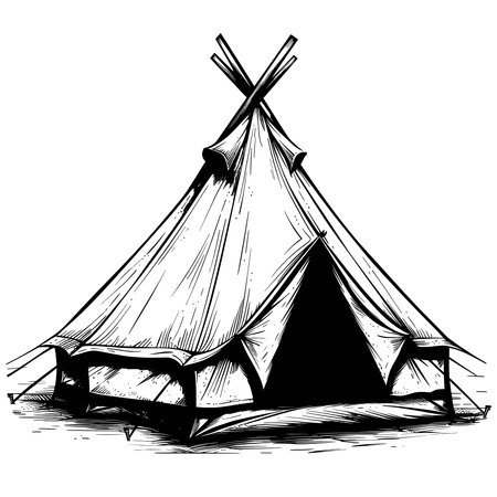 Camping tent icon, simple silhouette style, black lines on white background.のイラスト素材