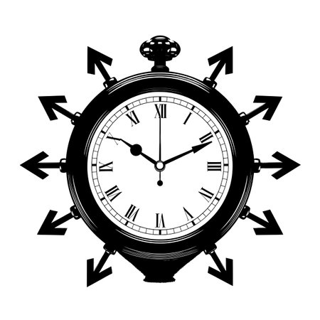 Time management icon with arrows around a clock face symbolizing fast and slow shutter speed photography.のイラスト素材