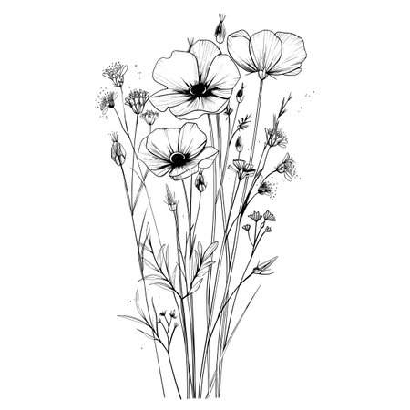 Featuring Simple line drawing of a wildflower bouquet.のイラスト素材