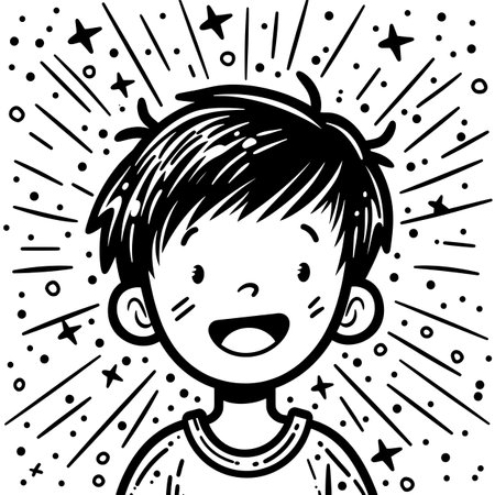 Minimalist, simple line icon of a happy boy's head with short hair against a white background.のイラスト素材