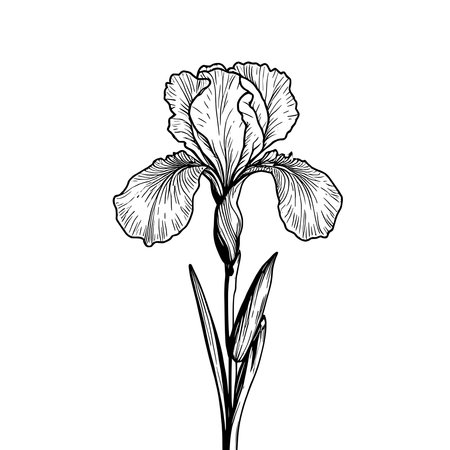 Simple line art iris flower icon, isolated on white background.のイラスト素材