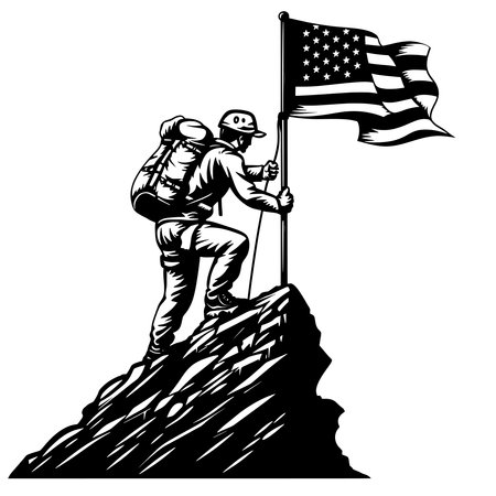 Simple line icon of a person climbing a hill with a flag.のイラスト素材