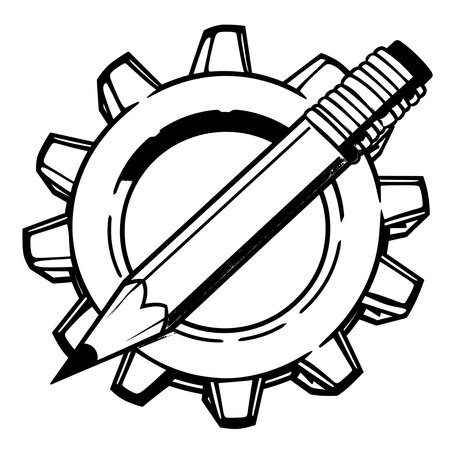 Pencil and gear icon, simple line art style.のイラスト素材