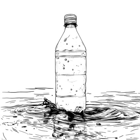 A simple line drawing icon of an old plastic bottle floating in the water.のイラスト素材