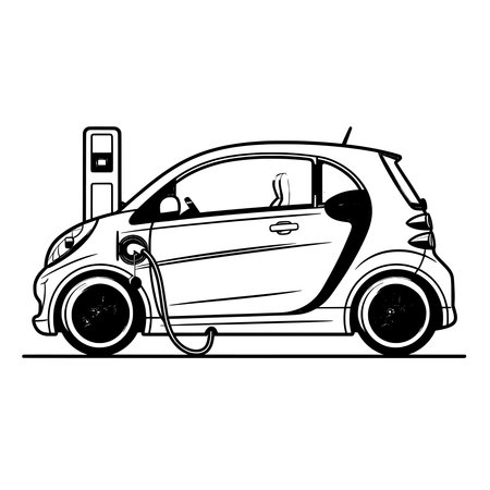 Picture Black line icon of an electric car charging.のイラスト素材