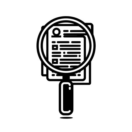Black and white icon of magnifying glass over documentのイラスト素材