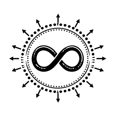 Black simple infinity symbol with arrows going around it, white background.のイラスト素材