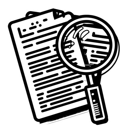 Simple icon of two pages with text and a magnifying glass on a white background with clean black line art.のイラスト素材