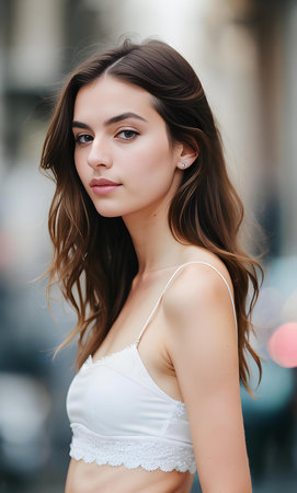 Portrait of a beautiful young woman in a white bra on the streetの素材