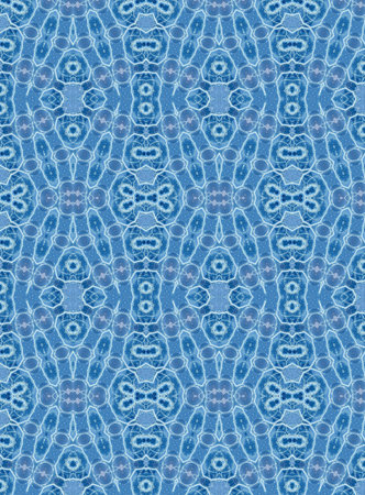 Seamless tie-dye pattern of indigo color on white silk. Hand painting fabrics - nodular batik....