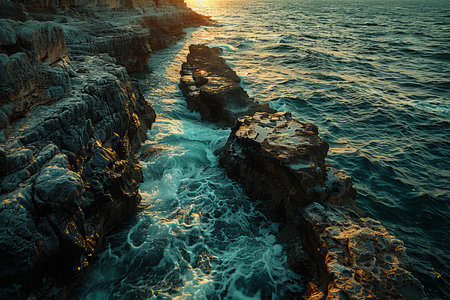 Rocky coast of the Mediterranean Sea at sunset. Toned.の写真素材